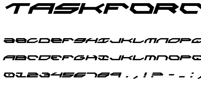 A preview of the Taskforce Italic font, showing uppercase, lowercase, and numeric characters