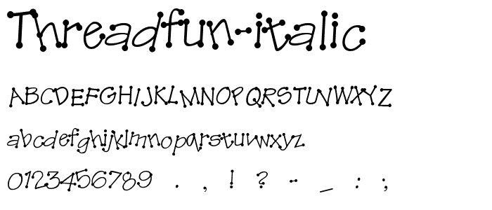 Een voorbeeld van de ThreadFun Italic font, met uppercase, lowercase, and numeric karacters