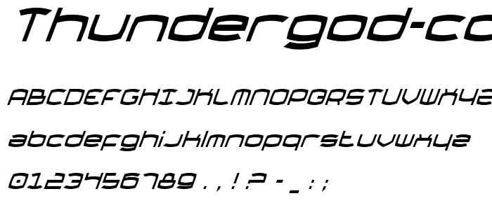 A preview of the Thundergod Condensed Italic font, showing uppercase, lowercase, and numeric characters