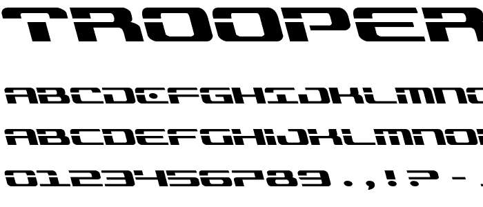 Een voorbeeld van de Troopers Expanded Leftalic font, met uppercase, lowercase, and numeric karacters