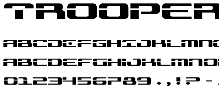 Eine Vorschau der Schriftart Troopers Expanded mit Groß-, Klein- und Zahlzeichen
