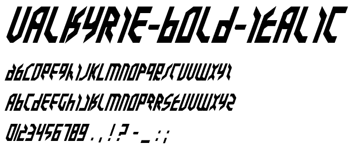 A preview of the Valkyrie Bold Italic font, showing uppercase, lowercase, and numeric characters