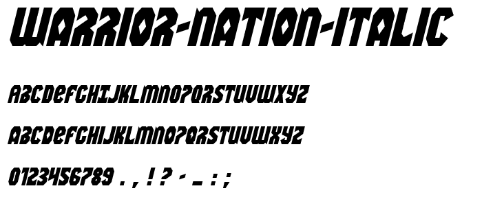 A preview of the Warrior Nation Italic font, showing uppercase, lowercase, and numeric characters