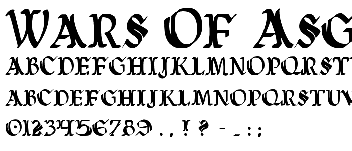 Eine Vorschau der Schriftart Wars of Asgard Condensed mit Groß-, Klein- und Zahlzeichen