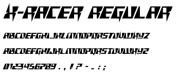A preview of the X-Racer Regular font, showing uppercase, lowercase, and numeric characters