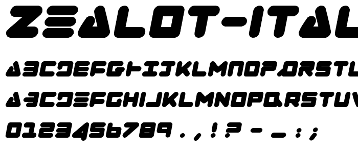 A preview of the Zealot Italic font, showing uppercase, lowercase, and numeric characters