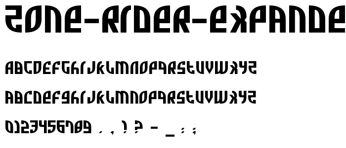 Eine Vorschau der Schriftart Zone Rider Expanded mit Groß-, Klein- und Zahlzeichen