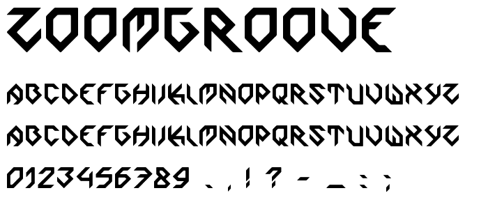 Eine Vorschau der Schriftart Zoomgroove mit Groß-, Klein- und Zahlzeichen